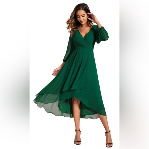 Ever Pretty Size 10 Dark Green 3/4 Sleeves Asymmetrical Hem A-Line Midi Dress - Picture 1 of 9